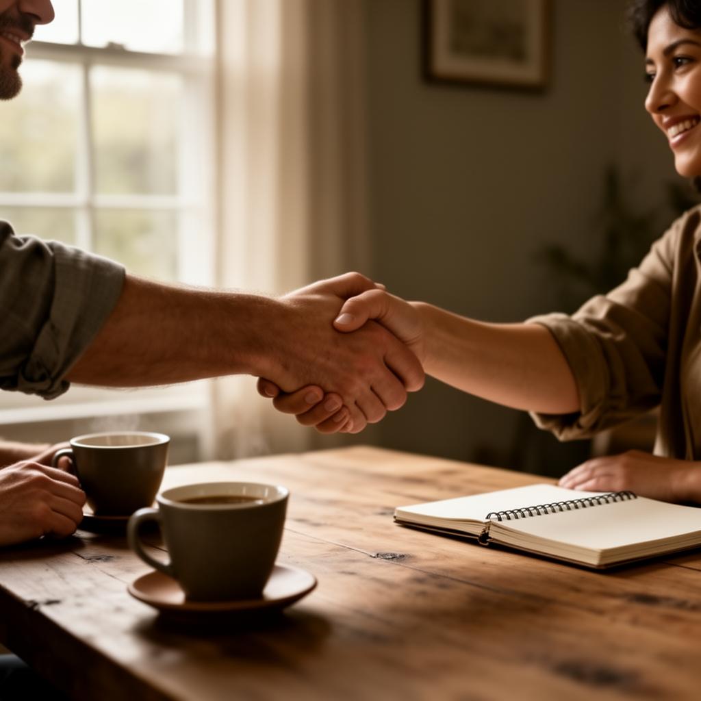 A handshake across a wooden table — every customer relationship treated as a long-standing one.