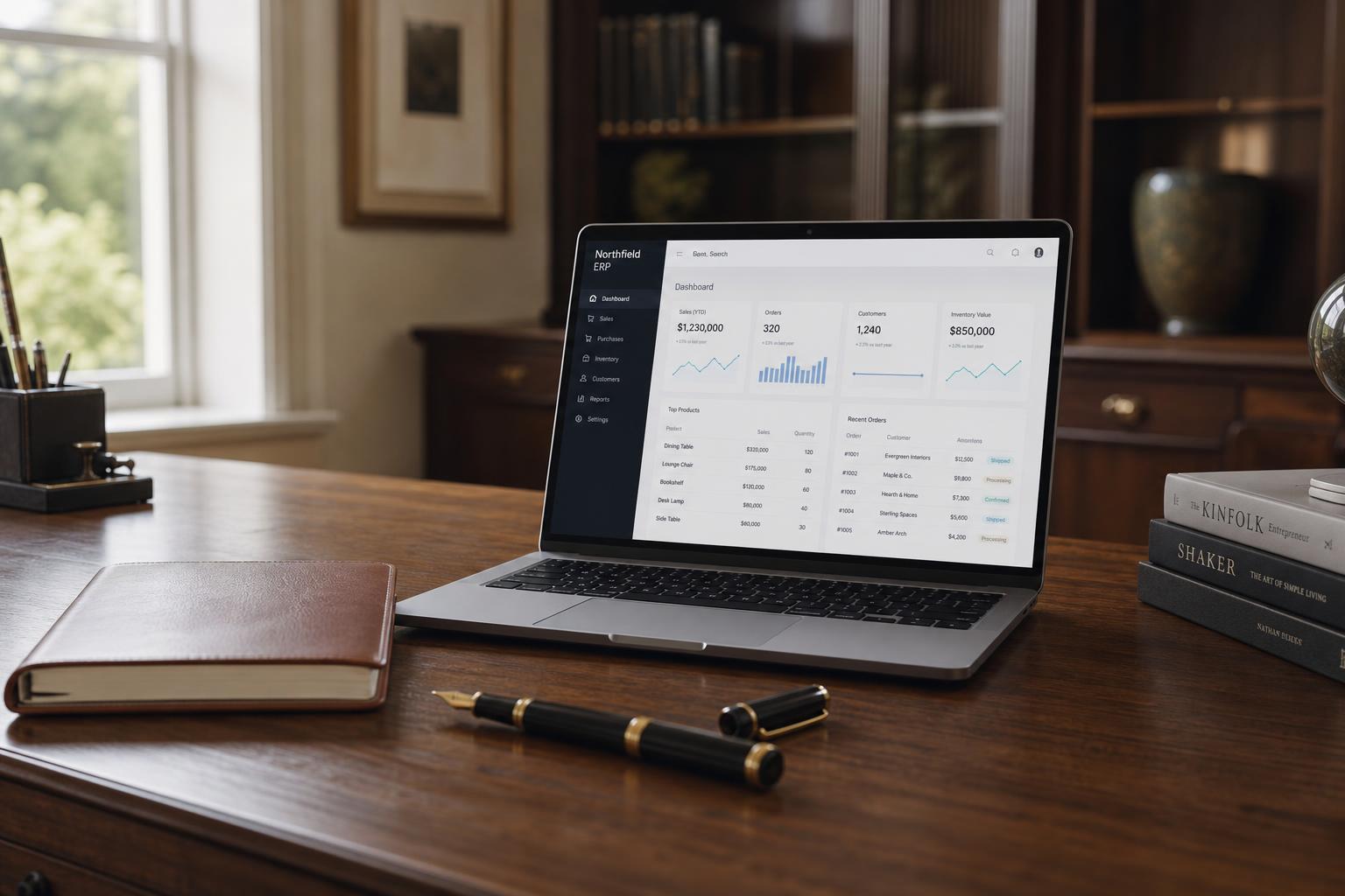 An open ledger and fountain pen — the careful bookkeeping our ERP work brings to modern finance systems.